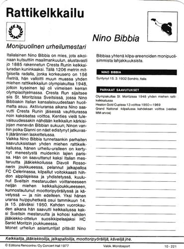 1977 Sportscaster Series 10 Finnish #10-221 Nino Bibbia Back