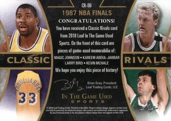2018 Leaf In The Game Used Sports - Classic Rivals Relics Silver Prismatic #CR06 Magic Johnson / Kareem Abdul-Jabbar / Larry Bird / Kevin McHale Back