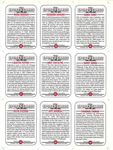 1991 Allan Kaye's Sports Cards News Magazine - Panels Standard-Sized 1992 #28 - 36 Mark Messier / Desmond Howard / Robin Yount / Scottie Pippen / Andy Van Slyke / Barry Bonds / Kevin Stevens / Jeff Bagwell / Thurman Thomas Back