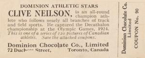 1924-25 Dominion Chocolate Athletic Stars (V31) #90 Clive Neilson Back