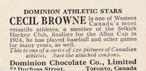 1924-25 Dominion Chocolate Athletic Stars (V31) #103 Cecil Browne Back
