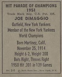 1951 Berk Ross #2-5 Joe DiMaggio Back