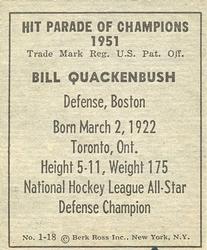 1951 Berk Ross #1-18 Bill Quackenbush Back
