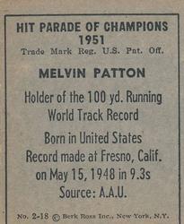 1951 Berk Ross #2-18 Melvin Patton Back
