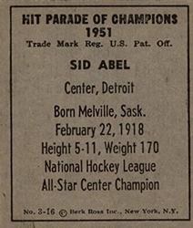 1951 Berk Ross #3-16 Sid Abel Back