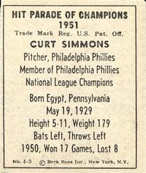 1951 Berk Ross #4-9 Curt Simmons Back