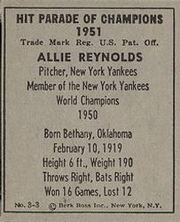 1951 Berk Ross #3-3 Allie Reynolds Back