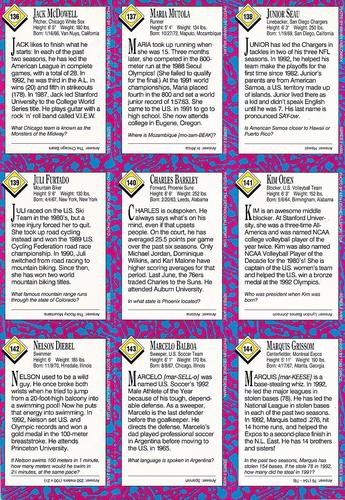 1993 Sports Illustrated for Kids - Original 9-Card Sheets #136-144 Jack McDowell / Maria Mutola / Junior Seau / Juli Furtado / Charles Barkley / Kim Oden / Nelson Diebel / Marcelo Balboa / Marquis Grissom Back