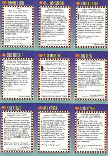 1994 Sports Illustrated for Kids - Original 9-Card Sheets #307-315 Jeanne Golay / B.J. Armstrong / Doug Gilmour / Eric Metcalf / Mike Mussina / Amy Feng / Mike Piazza / Ann Marsh / Seth Joyner Back