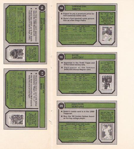 1992 SCD Sports Card Price Guide Monthly - Full Sheets #16-20 Royce Clayton / Larry Bird / Ozzie Smith / Wayne Gretzky / Robin Ventura Back