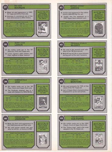 1992 SCD Sports Card Price Guide Monthly - Full Sheets #37-44 Ray Bourque / Barry Larkin / Felix Jose / Howard Johnson / Michael Jordan / Fred McGriff / Joe Montana / Todd Van Poppel Back