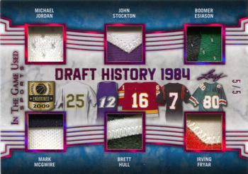 2019 Leaf In the Game Used - Draft History 6 Relics Magenta #DH-19 Michael Jordan / Mark McGwire / John Stockton / Brett Hull / Boomer Esiason / Irving Fryar Front