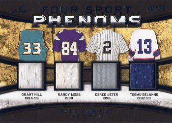 2019 Leaf In the Game Used - Four Sport Phenoms Quad Relics #FSP-10 Grant Hill / Randy Moss / Derek Jeter / Teemu Selanne Front