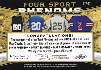 2019 Leaf In the Game Used - Four Sport Phenoms Quad Relics Purple #FSP-07 David Robinson / Barry Sanders / Mark McGwire / Brian Leetch Back