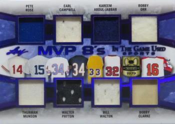 2019 Leaf In the Game Used - MVP 8's Relics Purple #MVP-02 Pete Rose / Thurman Munson / Earl Campbell / Walter Payton / Kareem Abdul-Jabbar / Bill Walton / Bobby Orr / Bobby Clarke Front