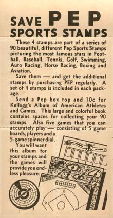 1937 Kellogg's Pep Sports Stamps - Unseparated Panels #12 Slip Madigan / Bill Tilden / Ralph Guldahl / George Selkirk Back