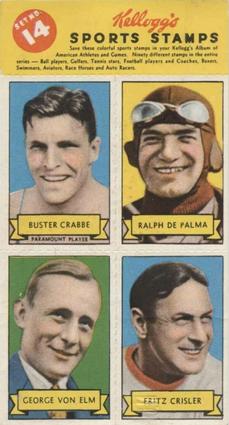 1937 Kellogg's Pep Sports Stamps - Unseparated Panels #14 Buster Crabbe / Ralph DePalma / George Von Elm / Fritz Crisler Front