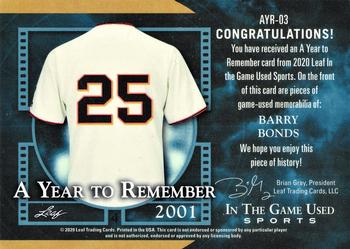 2020 Leaf In The Game Used Sports - A Year to Remember Relics Gold Spectrum Foil #AYR-03 Barry Bonds Back