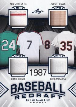 2020 Leaf In The Game Used Sports - Baseball Redraft Relics Navy Blue Foil #BBR-10 Ken Griffey Jr. / Craig Biggio / Albert Belle / Mike Mussina Front