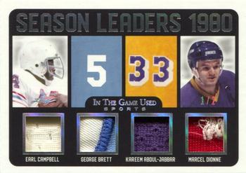 2020 Leaf In The Game Used Sports - Season Leaders Relics Silver Spectrum Foil #SL-02 Earl Campbell / George Brett / Kareem Abdul-Jabbar / Marcel Dionne Front