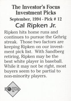 1994 Investor's Focus Investment Picks (unlicensed) - Silver Prism Border #12 Cal Ripken Jr. Back