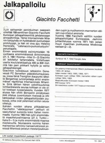 1978 Sportscaster Series 15 Finnish #15-360 Giacinto Facchetti Back