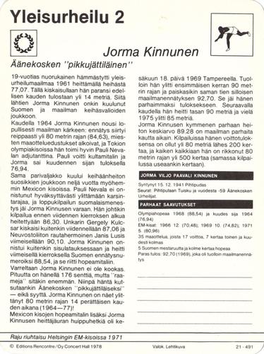 1978 Sportscaster Series 21 Finnish #21-491 Jorma Kinnunen Back