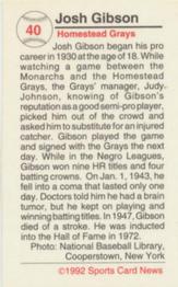 1991 Allan Kaye's Sports Cards News Magazine - Tobacco-Sized Cards 1991-92 #40 Josh Gibson Back