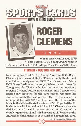 1991 Allan Kaye's Sports Cards News Magazine - Postcards 1991-92 (Portraits) #13 Roger Clemens Back