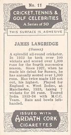 1935 Ardath Cork Cricket, Tennis & Golf Celebrities #11 James Langridge Back