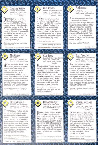 1992 Sports Illustrated for Kids - Original 9-Card Sheets #19-27 Dominique Wilkins / Brian Bellows / Pam Burridge / Meg Mallon / Mark Rypien / Terry Pendleton / Derrick Coleman / Fernando Clavijo / Roswitha Raudaschl Back