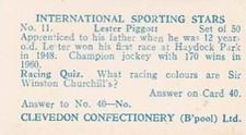 1960 Clevedon Confectionery International Sporting Stars #11 Lester Piggott Back