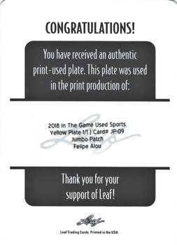 2018 Leaf In The Game Used Sports - Jumbo Patch Relics Printing Plates Yellow #JP-09 Felipe Alou Back