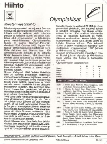 1979 Sportscaster Series 81 Finnish #81-1921 Olympiakisat Back