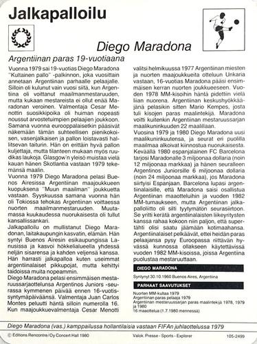 1980 Sportscaster Series 105 Finnish #105-2499 Diego Maradona Back