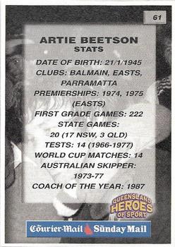 2002 Courier Mail Sunday Mail Queensland Heroes of Sport #61 Artie Beetson Back