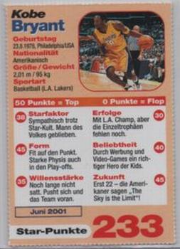 2001 Bravo Sport Magazine 'Star Cards' #233 Kobe Bryant Back