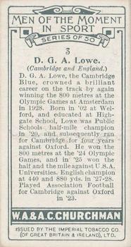 1928 Churchman's Men of the Moment In Sport #3 Douglas Lowe Back