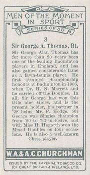 1928 Churchman's Men of the Moment In Sport #8 Sir George Thomas Back