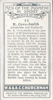 1928 Churchman's Men of the Moment In Sport #45 Ronald Cove-Smith Back