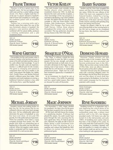 1992 Investor's Journal - Panels #110-118 Frank Thomas / Viktor Kozlov / Barry Sanders / Wayne Gretzky / Shaquille O'Neal / Desmond Howard / Michael Jordan / Magic Johnson / Ryne Sandberg Back
