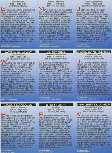 1999 Sports Illustrated for Kids - The 10 Greatest Athletes Original Sheets #NNO John Elway / Steffi Graf / Wayne Gretzky / Ken Griffey Jr. / Mia Hamm / Jackie Joyner-Kersee / Greg Maddux / Jerry Rice / Barry Sanders Back