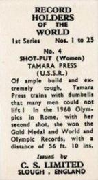 1956 Cadet Sweets Record Holders of the World 1st Series #4 Shot-Put (Women) Back