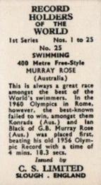 1956 Cadet Sweets Record Holders of the World 1st Series #25 400 Metre Free-Style Back