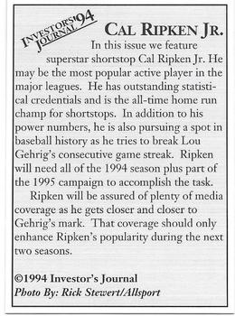 1994 Investor's Journal Cal Ripken Jr. (unlicensed) #NNO Cal Ripken Jr. Back