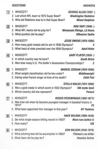 1985 KTO Inteleisure Whoozit? Sports #NNO George Allen / Ron Yary / Jesse Owens / Gary Player / Marcel Cerdan / Stella Walsh / Roger Peckinpaugh / Hack Wilson / Don Wilson Back