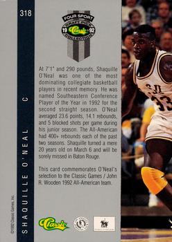 1992 Classic Four Sport #318 Shaquille O'Neal Back