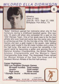 1991 Impel U.S. Olympic Hall of Fame #6 Babe Didrikson Back