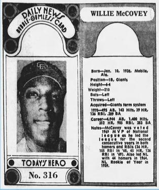 1970-71 Dayton Daily News (M137) #316 Willie McCovey Front