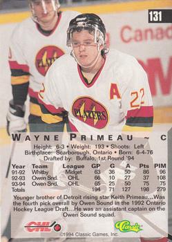 1994 Classic Four Sport #131 Wayne Primeau Back